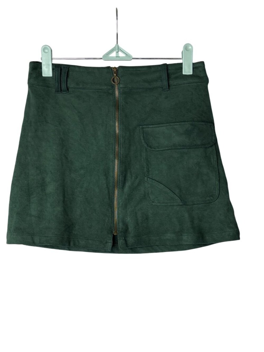 Forever 21 Faux Suede Mini Skirt Size XS Front Zip 1 Pocket Green